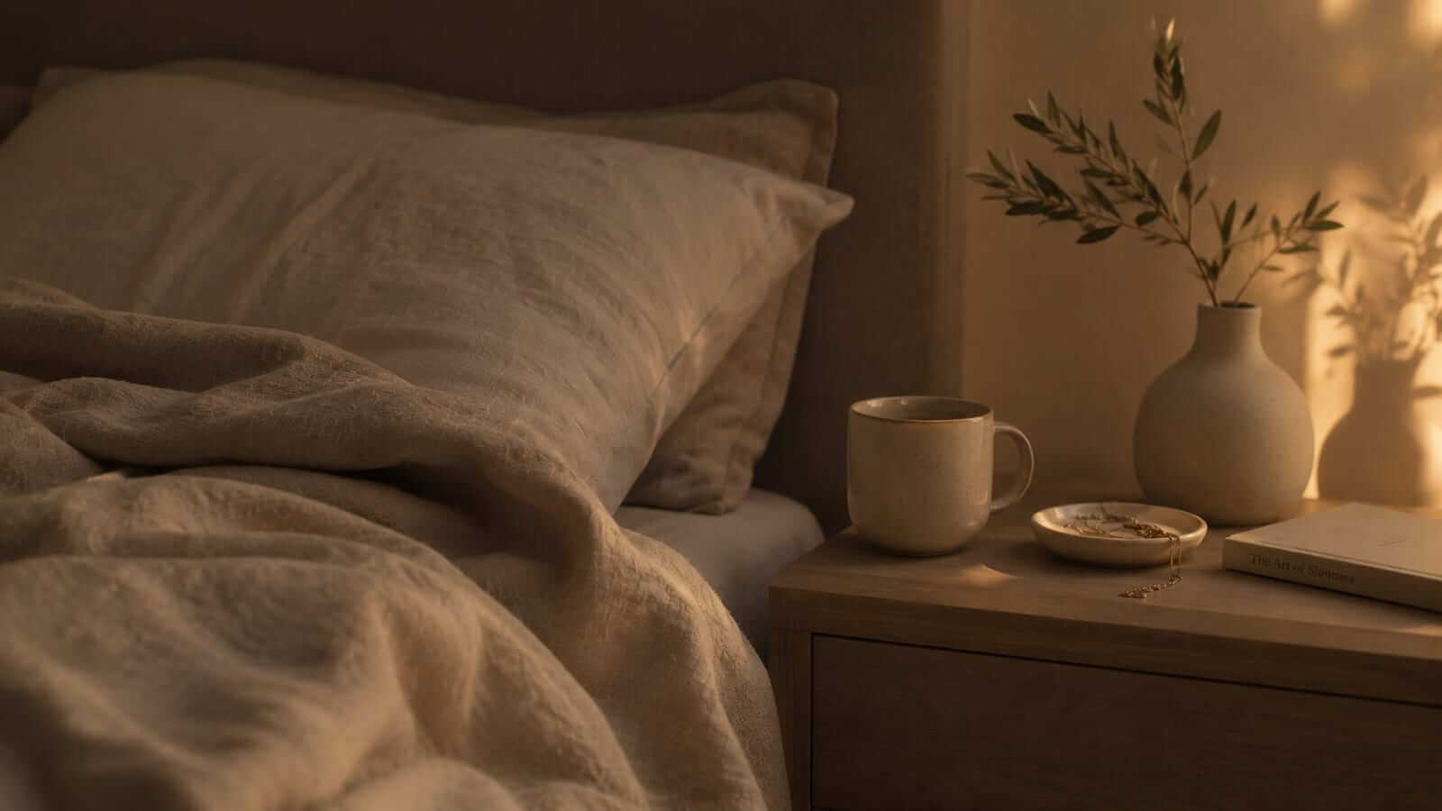 Gedämpftes Abendlicht, eine Decke, eine Tasse auf dem Nachttisch