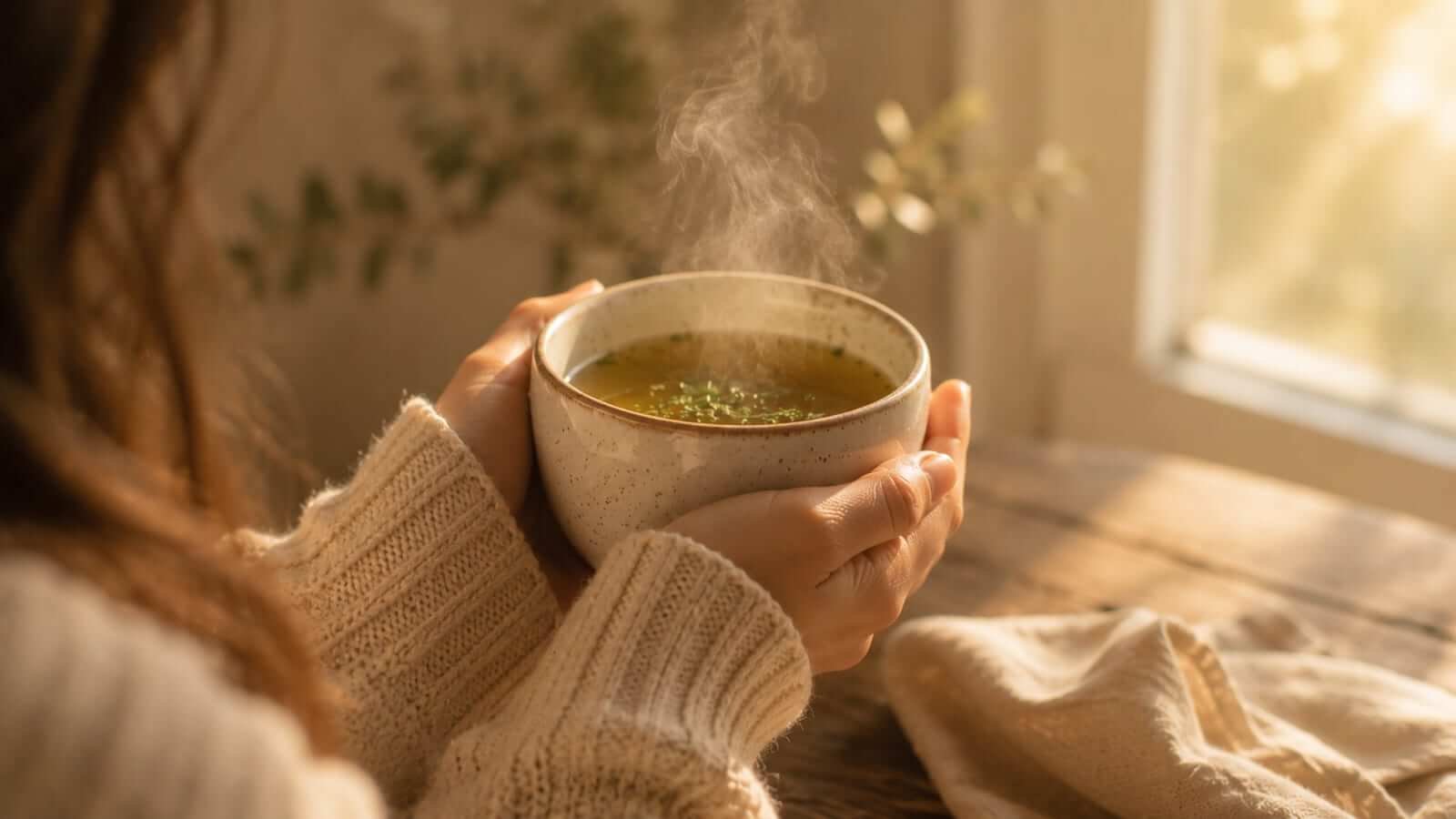 Eine dampfende Tasse Brühe in zwei Händen, Morgenlicht
