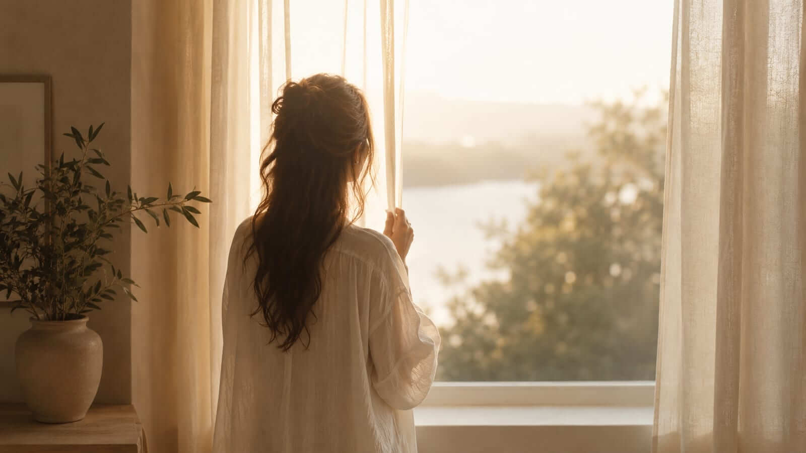 Eine Frau am Fenster, von hinten, weiches Gegenlicht