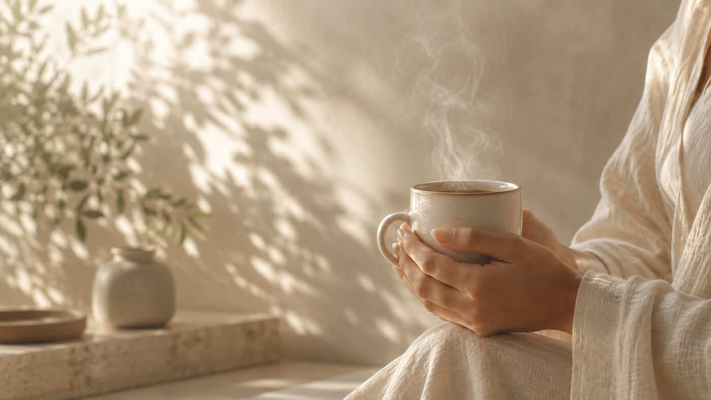 Hände, die eine dampfende Tasse halten – warmes Morgenlicht