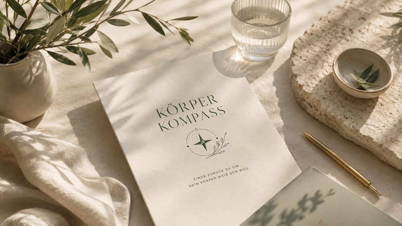 Der Körper-Kompass – ein ruhiges Flatlay mit Olivenzweig, Wasserglas und dem gestalteten Selbsttest